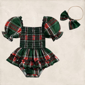 Holiday Plaid Romper - Green