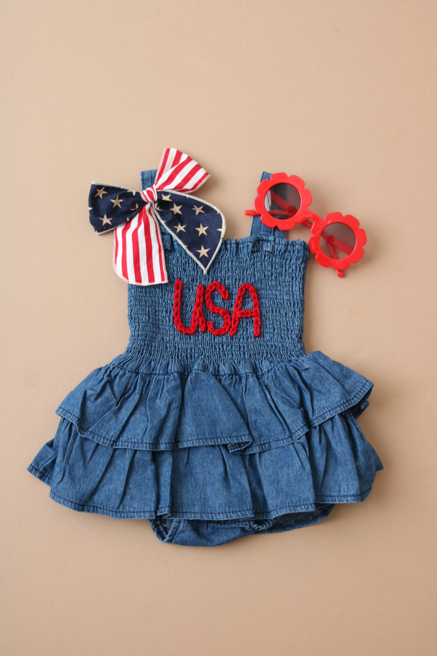 Hand Embroidered USA Denim Romper