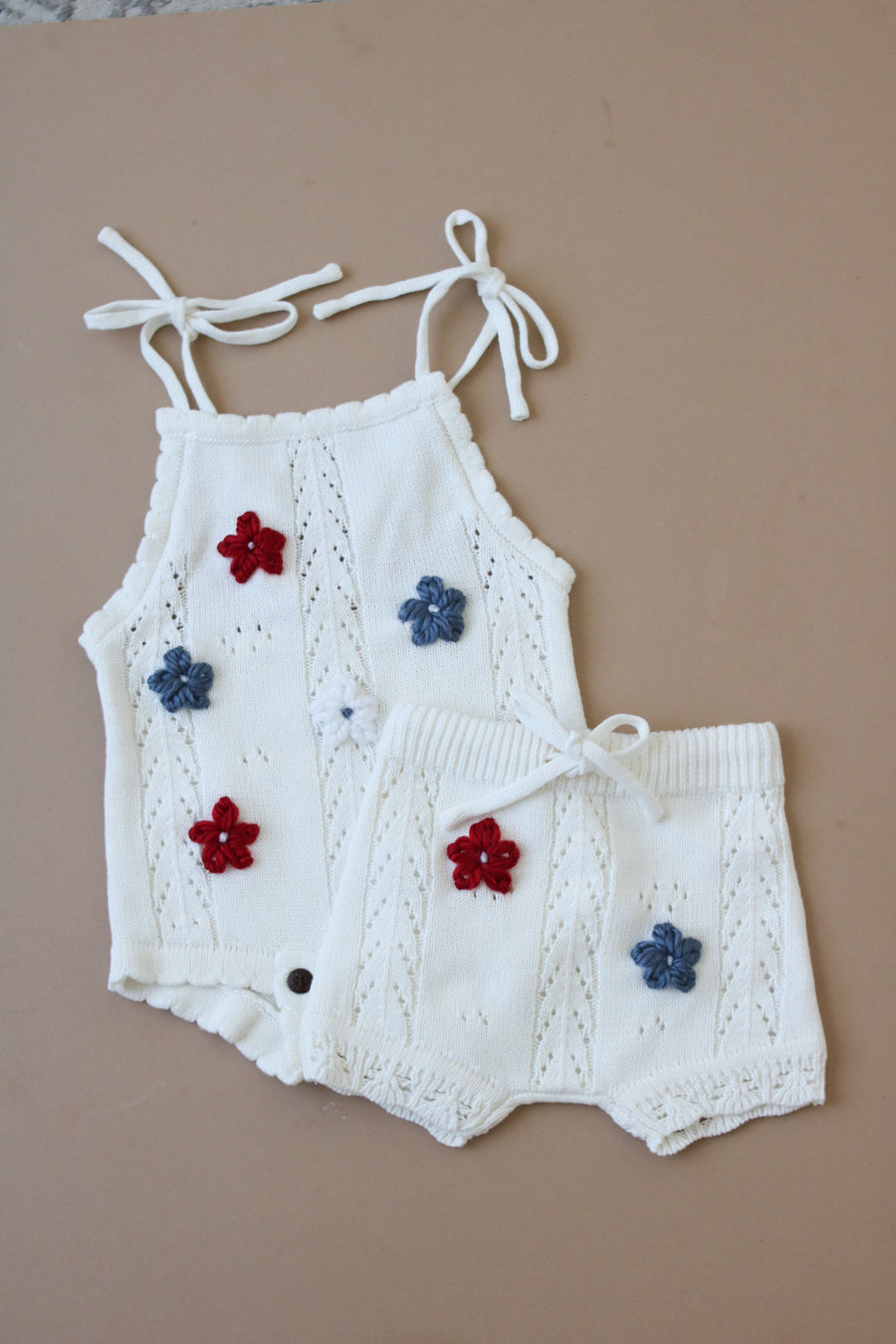 Red White and Blue Handembroidered Floral Romper + Bloomers