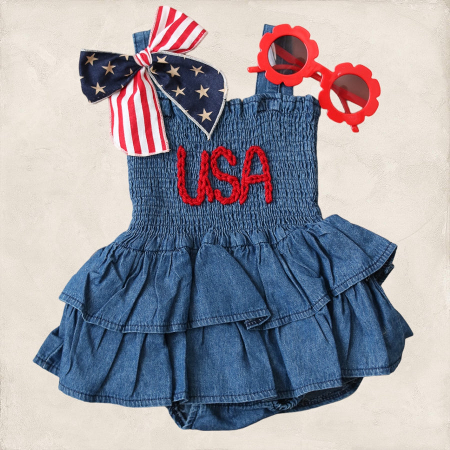 Hand Embroidered USA Denim Romper