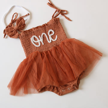 Hand embroidered ONE | Tulle Romper - Brown