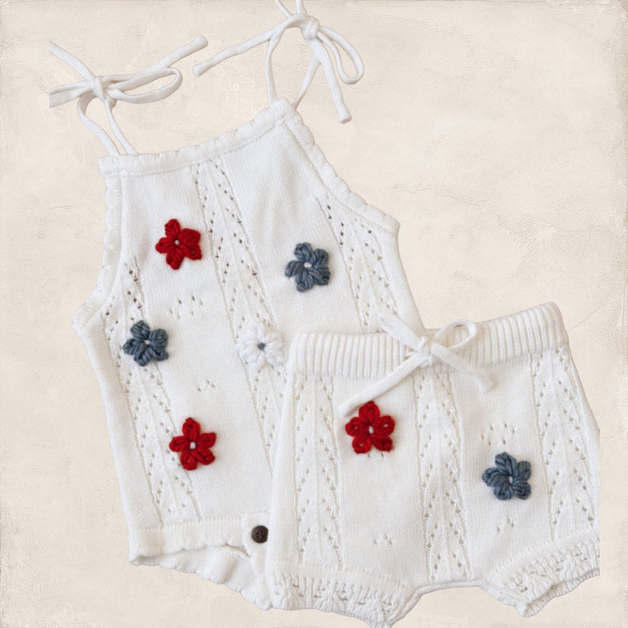 Red White and Blue Handembroidered Floral Romper + Bloomers