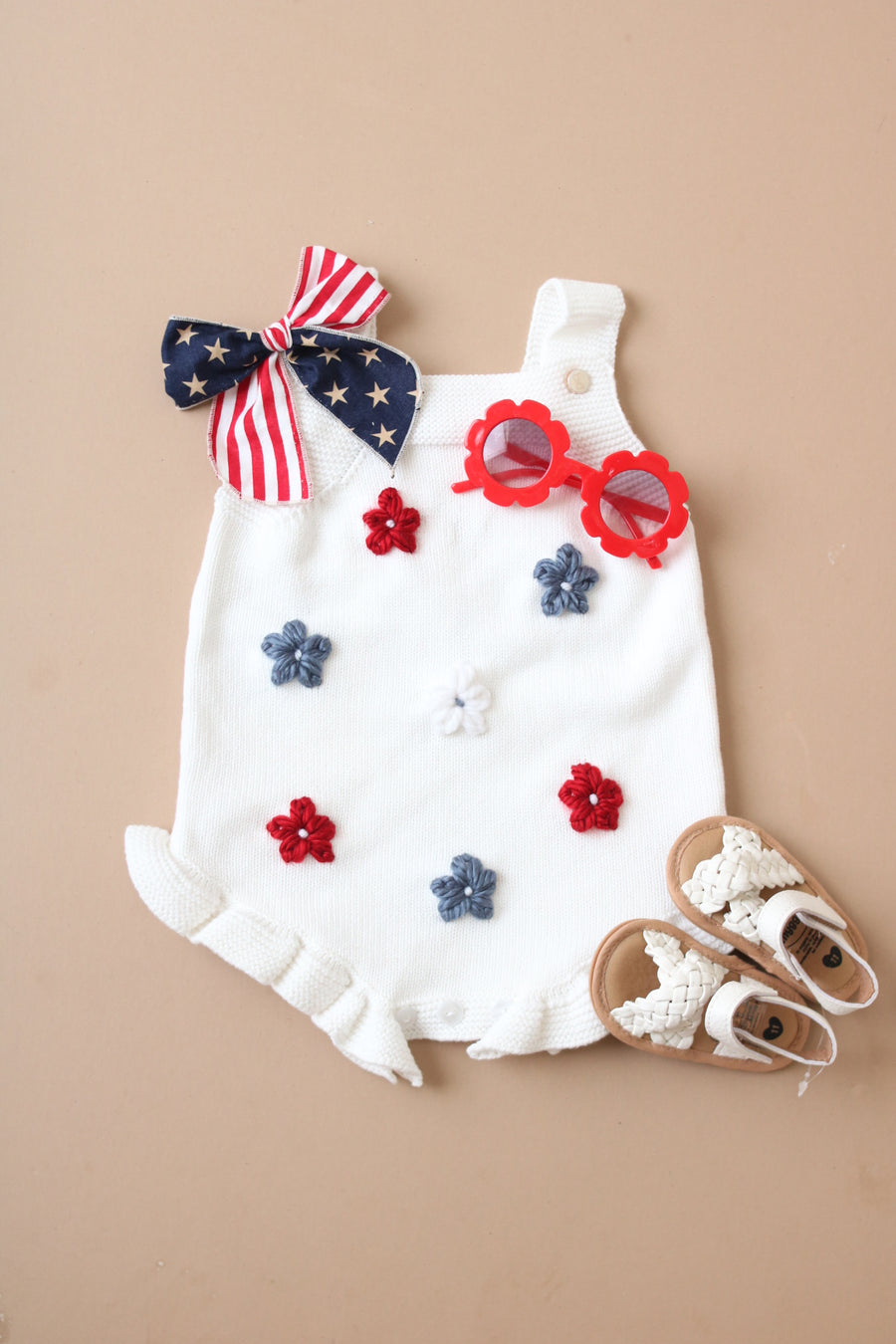 Red White and Blue Handembroidered Floral Romper