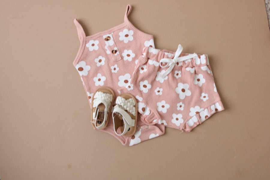 Flor - Waffle Knit Bodysuit  + Bloomer Set - Peach