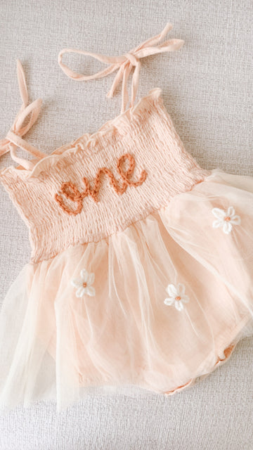 Hand embroidered ONE + 🌸 | Tulle Romper - Beige