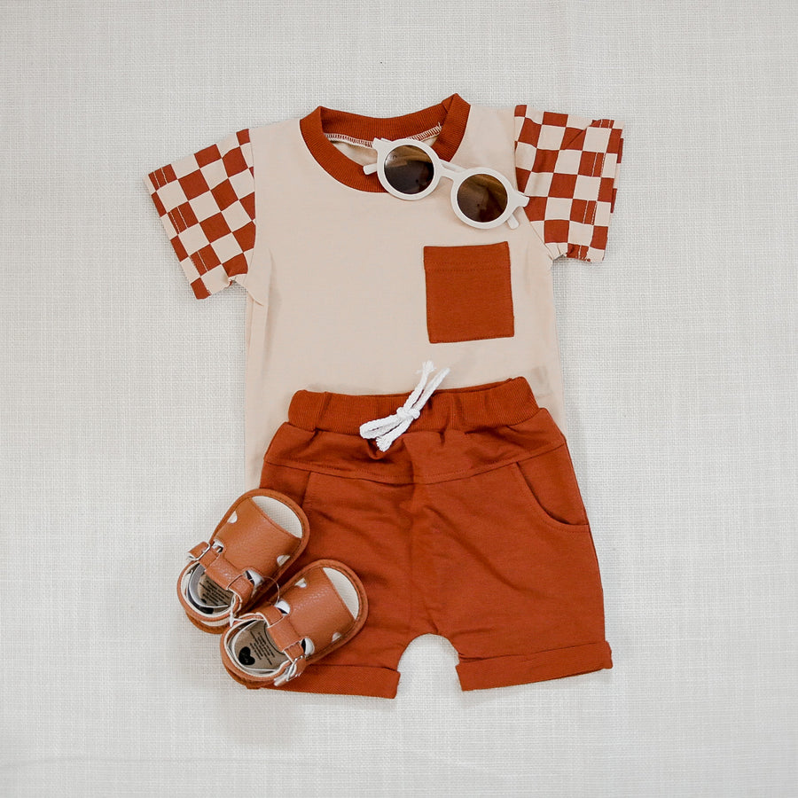 Beige Shirt + Shorts Set - Checkered pocket
