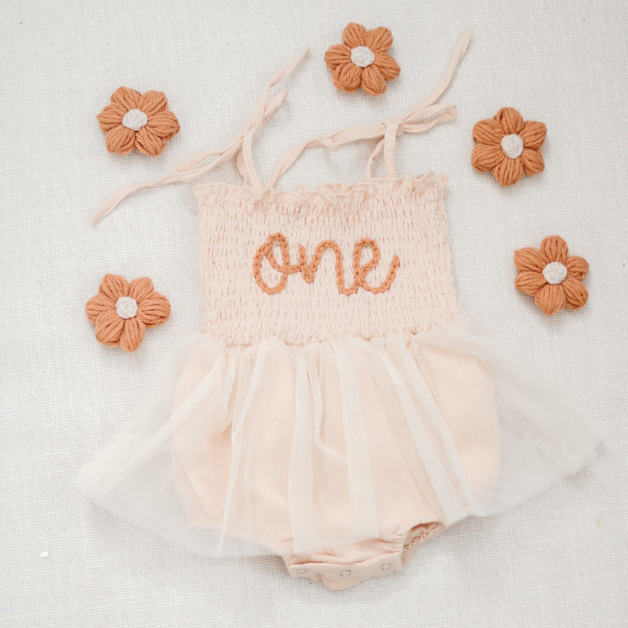 Hand embroidered ONE | Tulle Romper - Beige