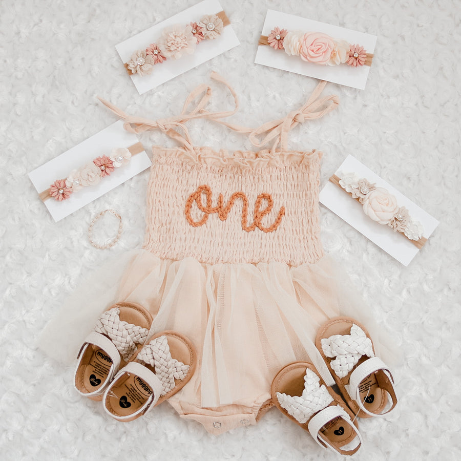 Hand embroidered ONE | Tulle Romper - Beige