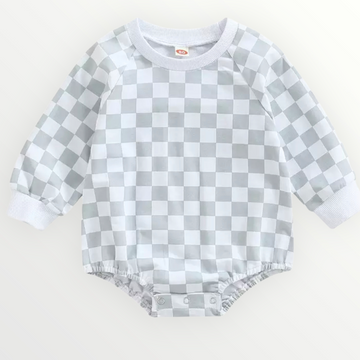 Checkered Sweatshirt Romper - Gray