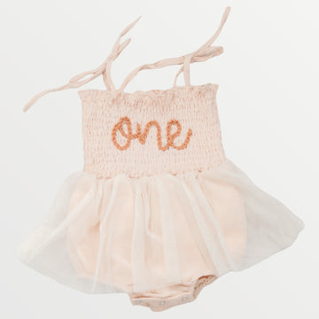 Hand embroidered ONE | Tulle Romper - Beige